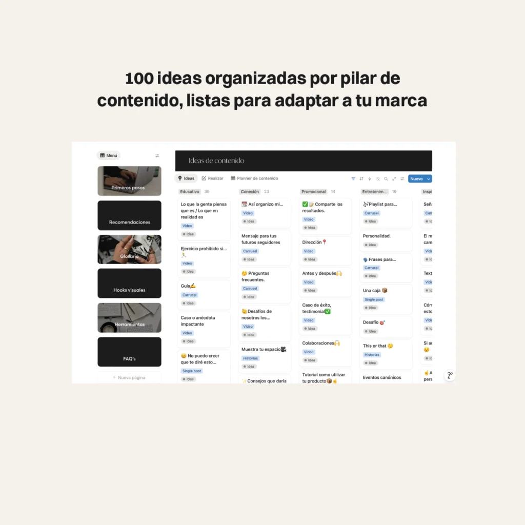 Vista de la base de datos con las 100 ideas de contenido organizadas por pilar