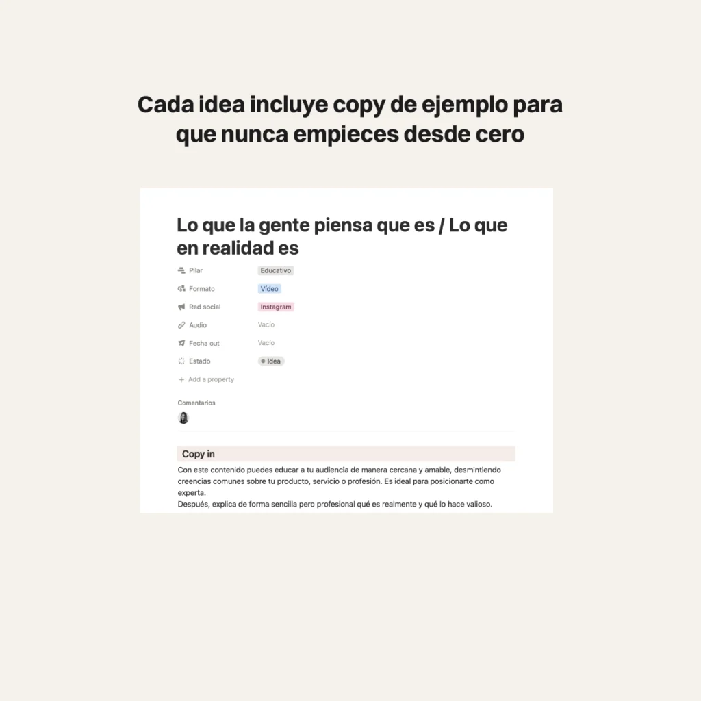 Vista de un ejemplo de idea de contenido con copy sugerido incluido