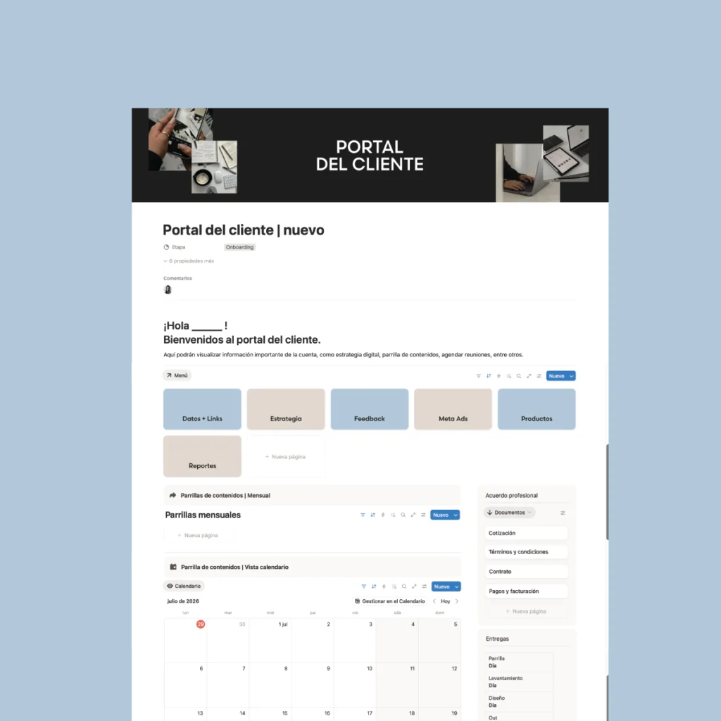 Vista del portal del cliente y workspace dedicado por marca