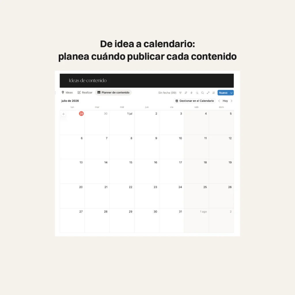 Vista del planner mensual para calendarizar el contenido en Notion