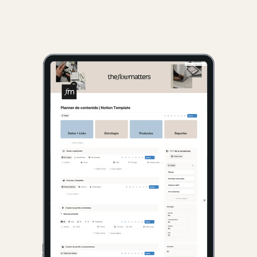 Vista general del Planner de Contenido en Notion con menú de páginas: datos, estrategia, productos y reportes